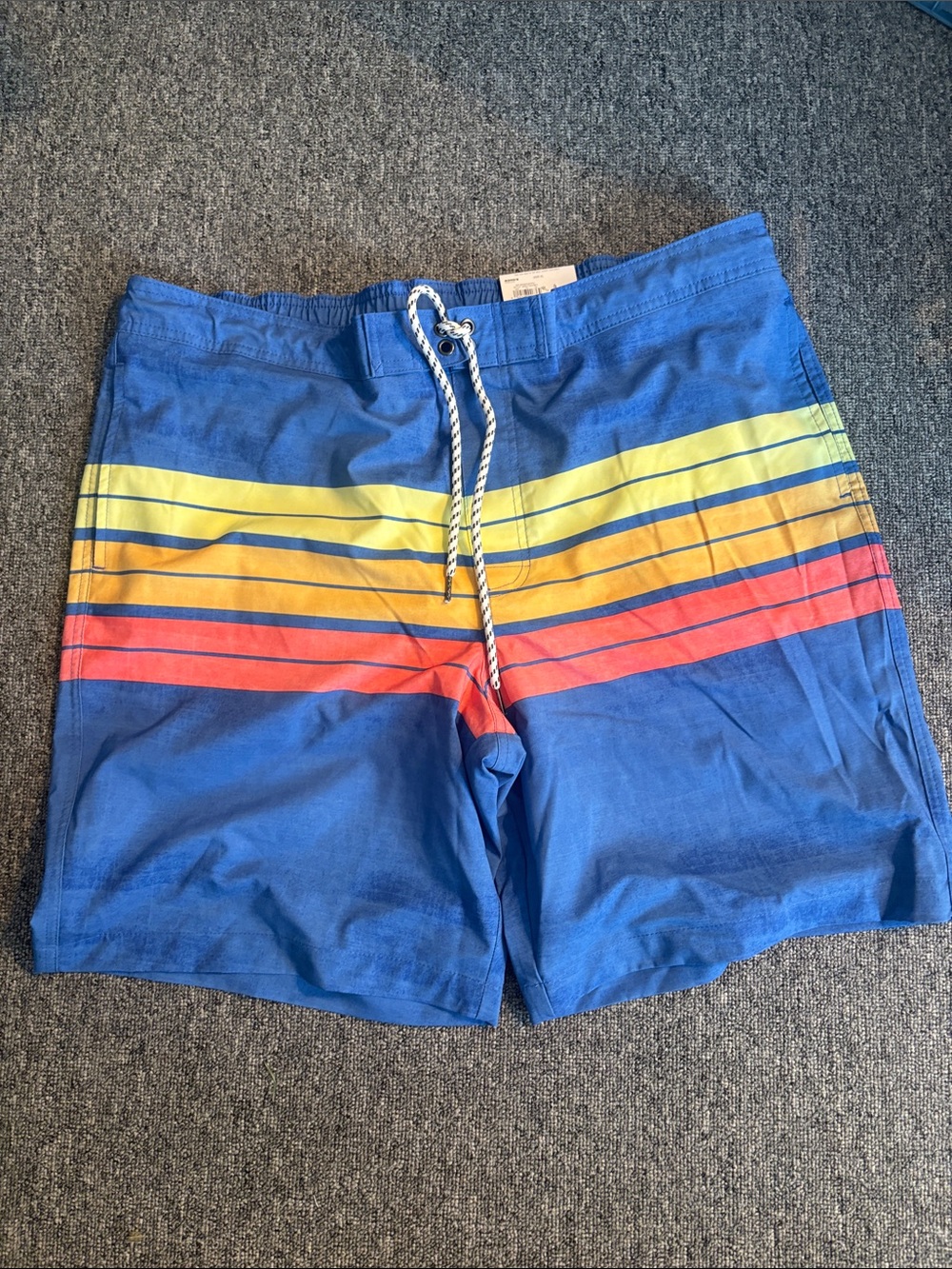 Sonoma Blue Swim Board Shorts with Yellow & Red Stripes